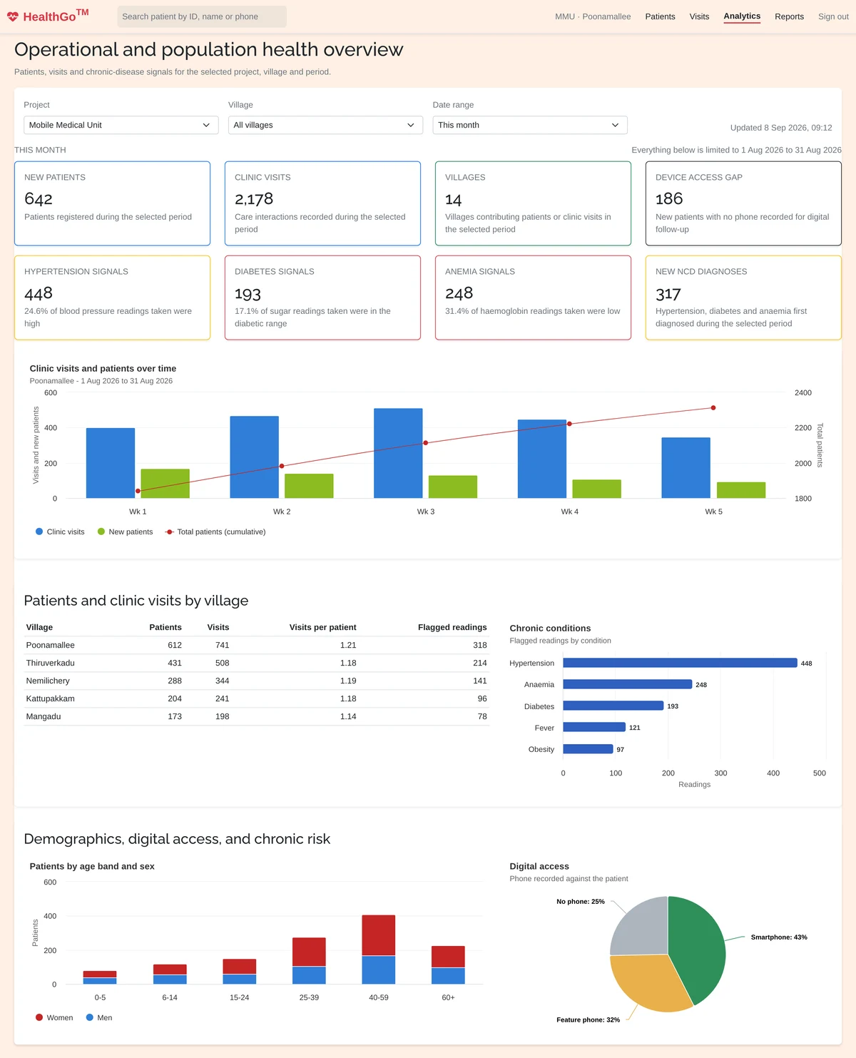 The operational dashboard: patients, visits, villages and chronic-disease signal counts, a visits-over-time chart, per-village table and demographics.